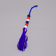 Independence Day Theme Woolen Yarn Tassels Pendant Decorations, with Wooden Beads, Dark Blue, 320mm(HJEW-TAC0013-06A)