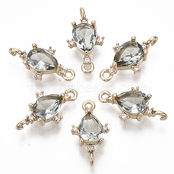 Glass Links connectors, with Brass Micro Pave Cubic Zirconia, Faceted, Teardrop, Light Gold, Light Grey, 18x9.5x4.5mm, Hole: 1.2mm(X-GLAA-T021-05B-12)