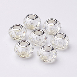 Glass European Beads, Large Hole Beads, Faceted, Clear, with Iron Core in Silver Color Plated, Clear, 10x13mm, Hole: 5mm(X-GDA001-01)