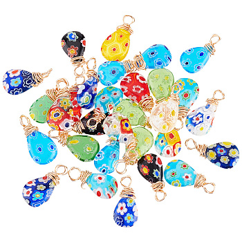 PandaHall Elit 30Pcs Handmade Millefiori Glass Pendants, with Eco-Friendly Copper Wire Wrapped, Teardrop, Mixed Color, 17x7~8x3.5mm, Hole: 2.5mm