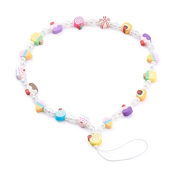 Polymer Clay Dessert Beaded Mobile Straps, Telephone Jewelry, with Acrylic Beads and Plastic Imitation Pearl Beads, Colorful, 24.3cm