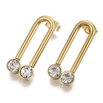201 Stainless Steel Stud Earrings, Archway Earrings, Real 18K Gold Plated, with 304 Stainless Steel Pins, Rhinestone and Ear Nuts, U Shape, Crystal, 28x12x5mm, Pin: 0.7mm