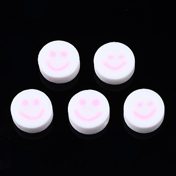 Handmade Polymer Clay Beads, for DIY Jewelry Crafts Supplies, Flat Round with Smiling Face, Pearl Pink, 10x4~4.5mm, Hole: 1.8mm