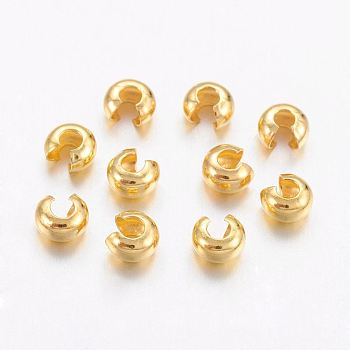 Brass Crimp Beads Covers, Nickel Free, Golden Color, Size: About 3mm In Diameter, Hole: 1.2~1.5mm