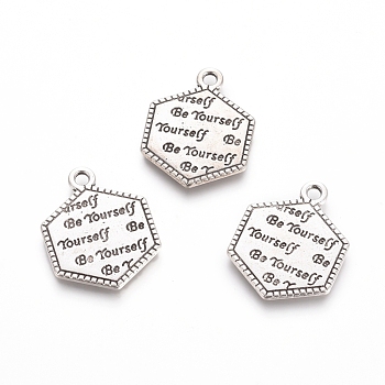 Rack Plating Tibetan Style Alloy Pendants, Hexagon with Word Be Yourself, Antique Silver, 21.5x17x1.5mm, Hole: 1.5mm