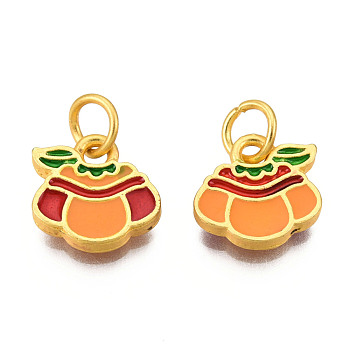 Alloy Enamel Charms, Cadmium Free & Lead Free, with Jump Rings, Matte Gold Color, Pumpkin, Orange, 10x10x2mm, Jump Ring: 5x1mm, 3mm inner diameter