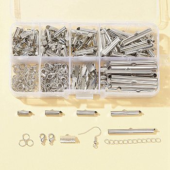 DIY Jewelry Making Finding Kit, Including Iron Slide On End Clasp Tube & Chain Extender & Ribbon Crimp Ends & Jump Rings, Brass Earring Hooks, Alloy Lobster Claw Clasps, Platinum