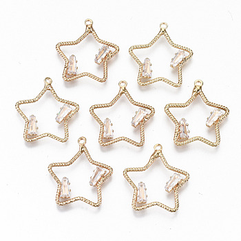 Brass Micro Pave Cubic Zirconia Pendants, Light Gold, Long-Lasting Plated, Cadmium Free & Lead Free, Star, Clear, 20x20x3mm, Hole: 1.4mm