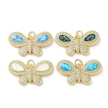 Brass Micro Pave Clear Cubic Zirconia Pendants, with Synthetic Opal, with Jump Ring, Real 18K Gold Plated, Butterfly, Mixed Color, 13x23.5x3mm, Hole: 3.6mm