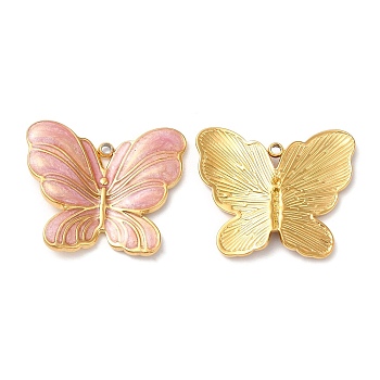 304 Stainless Steel Enamel Pendants, Real 18K Gold Plated, Butterfly Charm, Pink, 20x24x3mm, Hole: 1.4mm
