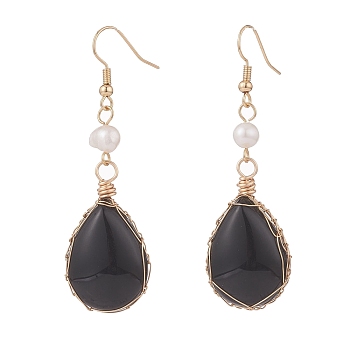Natural Obsidian Teardrop Dangle Earrings with Natural Pearl, Brass Wire Wrap Drop Earrings for Women, Golden, 62mm, Pin: 0.6mm
