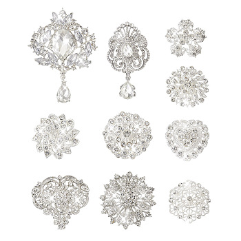 Biyun 10Pcs 10 Styles Flower & Heart & Teardrop Crystal Rhinestone Brooches Set, Exquisite Alloy Lapel Pin for Wedding Party, Platinum & Silver, 30~95x5~12mm, 1pc/style