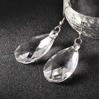 Teardrop Glass Dangle Earrings, with 304 Stainless Steel Earring Hooks, Clear, 64mm, Pin: 0.7mm