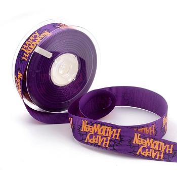 Polyester Grosgrain Ribbon, Single Face Printed, for Halloween Gift Wrapping, Party Decoration, Word Halloween Pattern, Purple, 1 inch(26mm), 100 yards/roll(91.44m/roll)