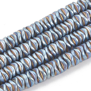 Electroplate Non-magnetic Synthetic Hematite Beads Strands, Wavy, Flat Round/Disc, Blue Plated, 6x6x2mm, Hole: 1mm, about 220pcs/strand, 15.74 inch