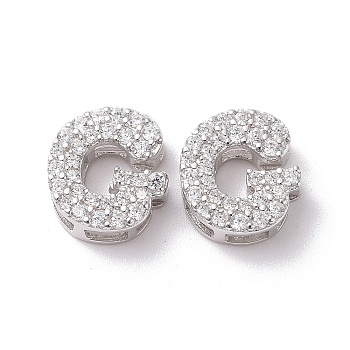 925 Sterling Silver Micro Pave Cubic Zirconia Beads, Real Platinum Plated, Letter G, 9x8x3.5mm, Hole: 2.5x1.5mm