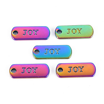 Rainbow Color Alloy Charms, Cadmium Free & Nickel Free & Lead Free, Oval with Joy, 21x8x1.5mm, Hole: 2mm