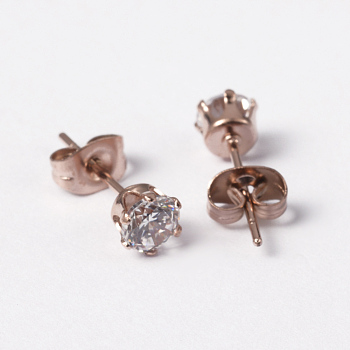 304 Stainless Steel Stud Earrings, with Cubic Zirconia, Rose Gold, 16mm, Pin: 0.8mm