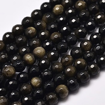 Faceted Round Natural Golden Sheen Obsidian Beads Strands, 6mm, Hole: 1mm, about 64pcs/strand, 15.4 inch