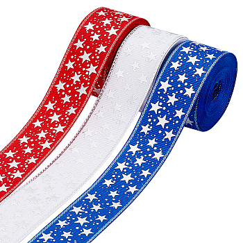 3 Rolls 3 Colors Independence Day Theme Polyester Grosgrain Ribbon, Sparkle Ribbon, Silver Hot Stamping Star Pattern, Mixed Color, 1 inch(25mm), 5 yards/roll, 1 roll/color