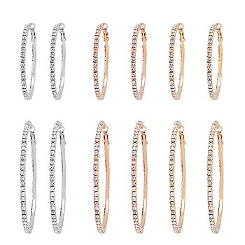 6 Pairs 6 Style Crystal Rhinestone Big Hoop Earrings, Alloy Jewelry for Women, Mixed Color, 50~70x2.8~3mm, Pin: 0.7~0.8mm, 1 Pair/style