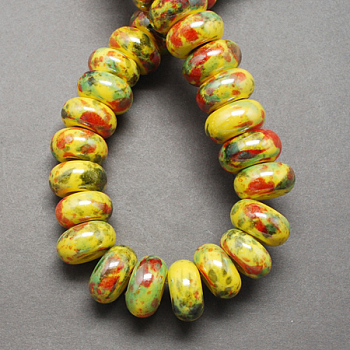 Handmade Porcelain European Beads, Large Hole Beads, Pearlized, Rondelle, Yellow, 12x9mm