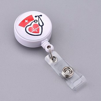 Stethoscope Pattern Glass Retractable Badge Reel, Nurse Badge Clip, ID Name Badge Holder, with Iron Alligator Clips, Red, 85mm, Flat round: 43x32x21mm