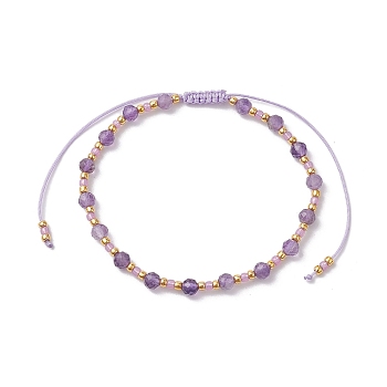 Adjustable Natural Amethyst & Glass Braided Bead Bracelet, Inner Diameter: 1-7/8~3-1/4 inch(4.75~8.2cm)