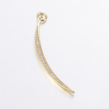 Brass Micro Pave Cubic Zirconia Pendants, Long-Lasting Plated, Real 18K Gold Plated, Moon, 39x8x2mm, Hole: 3mm