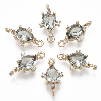 Glass Links connectors, with Brass Micro Pave Cubic Zirconia, Faceted, Teardrop, Light Gold, Light Grey, 18x9.5x4.5mm, Hole: 1.2mm
