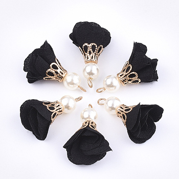 Iron Pendants, with Cloth and ABS Plastic Imitation Pearl, Flower, Golden, Black, 25~32x15~25mm, Hole: 1~4mm