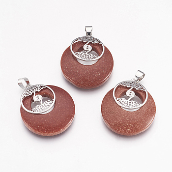 Synthetic Goldstone Pendants, with Platinum Tone Brass Findings, Flat Round with Tree of Life, 32x28x6mm, Hole: 4x5mm