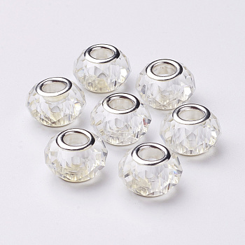 Glass European Beads, Large Hole Beads, Faceted, Clear, with Iron Core in Silver Color Plated, Clear, 10x13mm, Hole: 5mm