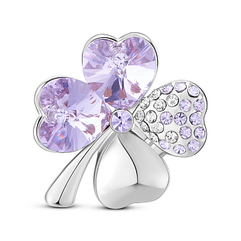 SHEGRACE Alloy Brooch, with Micro Pave AAA Cubic Zirconia Four Leaf Clover with Violet Austrian Crystal, Lilac, 22x25mm