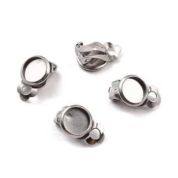 316 Stainless Steel Clip-on Earring Findings, Earring Settings, Flat Round, Stainless Steel Color, Tray: 8mm, 15x10x8mm, Hole: 3mm