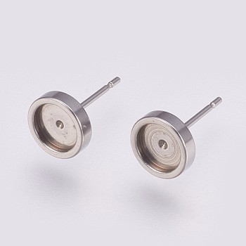 201 Stainless Steel Stud Earring Settings, with 304 Stainless Steel Pins, Flat Round, Stainless Steel Color, Tray: 6mm, 8x2mm, Pin: 0.8mm