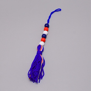 Independence Day Theme Woolen Yarn Tassels Pendant Decorations, with Wooden Beads, Dark Blue, 320mm