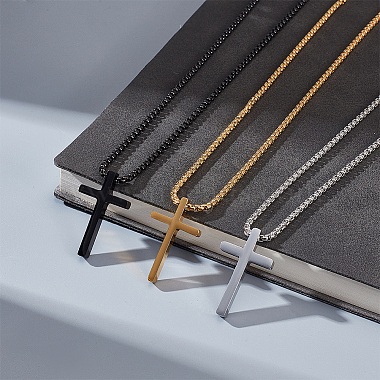 3Pcs 3 Colors Titanium Steel Cross Pendant Necklace with Box Chains(NJEW-AN0001-76)-7