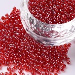 12/0 Glass Seed Beads, Trans. Colours Lustered, Round, Red, 2mm, Hole: 1mm, 6666pcs/100g(X1-SEED-A006-2mm-105)