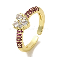 Rack Plating Brass Micro Pave Cubic Zirconia Cuff Rings, Long-Lasting Plated, Lead Free & Cadmium Free, Heart, Fuchsia, adjustable(RJEW-H228-04G-01)