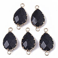 Natural Blue Goldstone Links connectors, with Golden Tone Brass Open Back Settings, Faceted, Teardrop, 26.5~27.5x14x6mm, Hole: 2mm(G-T131-09A)