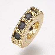 Brass Micro Pave Cubic Zirconia Bead Spacers, Flat Round, Black, Golden, 6x2mm, Hole: 2.5mm(ZIRC-K074-12-01G)
