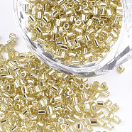 Grade A Glass Seed Beads, Hexagon(Two Cut), Silver Lined, Pale Goldenrod, 1.5~2.5x1.5~2mm, Hole: 0.8mm, about 2100pcs/bag, 450g/bag(SEED-S022-04A-03)