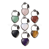 Natural & Synthetic Mixed Gemstone Heart Big Pendants, Brass Ring Charms with Leaf & Jump Rings, Red Copper, 53~56x32~34x7~7.5mm, Hole: 6.6mm(G-A221-05)