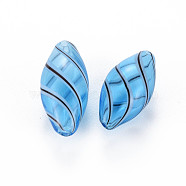 Transparent Handmade Blown Glass Globe Beads, Stripe Pattern, Rice, Light Sky Blue, 23.5~26x11.5~13mm, Hole: 1~2mm(X-GLAA-T012-09)