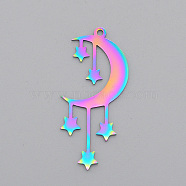 Ion Plating(IP) 201 Stainless Steel Pendants, Laser Cut, Moon with Star, Rainbow Color, 41.5x18x1mm, Hole: 1.8mm(STAS-S105-LA581)