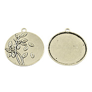 Tibetan Style Alloy Pendant Cabochon Settings, Flat Round with Branch and Leaves, Cadmium Free & Nickel Free & Lead Free, Antique Silver, 37x2mm, Hole: 3mm, Tray: 34mm(TIBEP-5323-AS-FF)