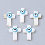 Natural Freshwater Shell Beads, Cross with Evil Eye, Dodger Blue, 17x12x4mm, Hole: 1mm(X-SHEL-Q017-09A)