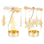 2 Sets 2 Style Iron Rotating Snowflake & Snowman Candlestick Tealight Candle Holder Sets, for Birthday Christmas Party Decoration, Golden, Finished Product: 125x78mm, pendant: 46~50.5x31~39x0.3~1mm, Hole: 1.6~2mm, 1 set/style(DJEW-FG0001-32)