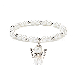Glass & Plastic Imitation Pearl Beaded Stretch Bracelet with Alloy Fairy Charm for Women, White, Inner Diameter: 2-1/4 inch(5.7cm)(BJEW-JB08704)